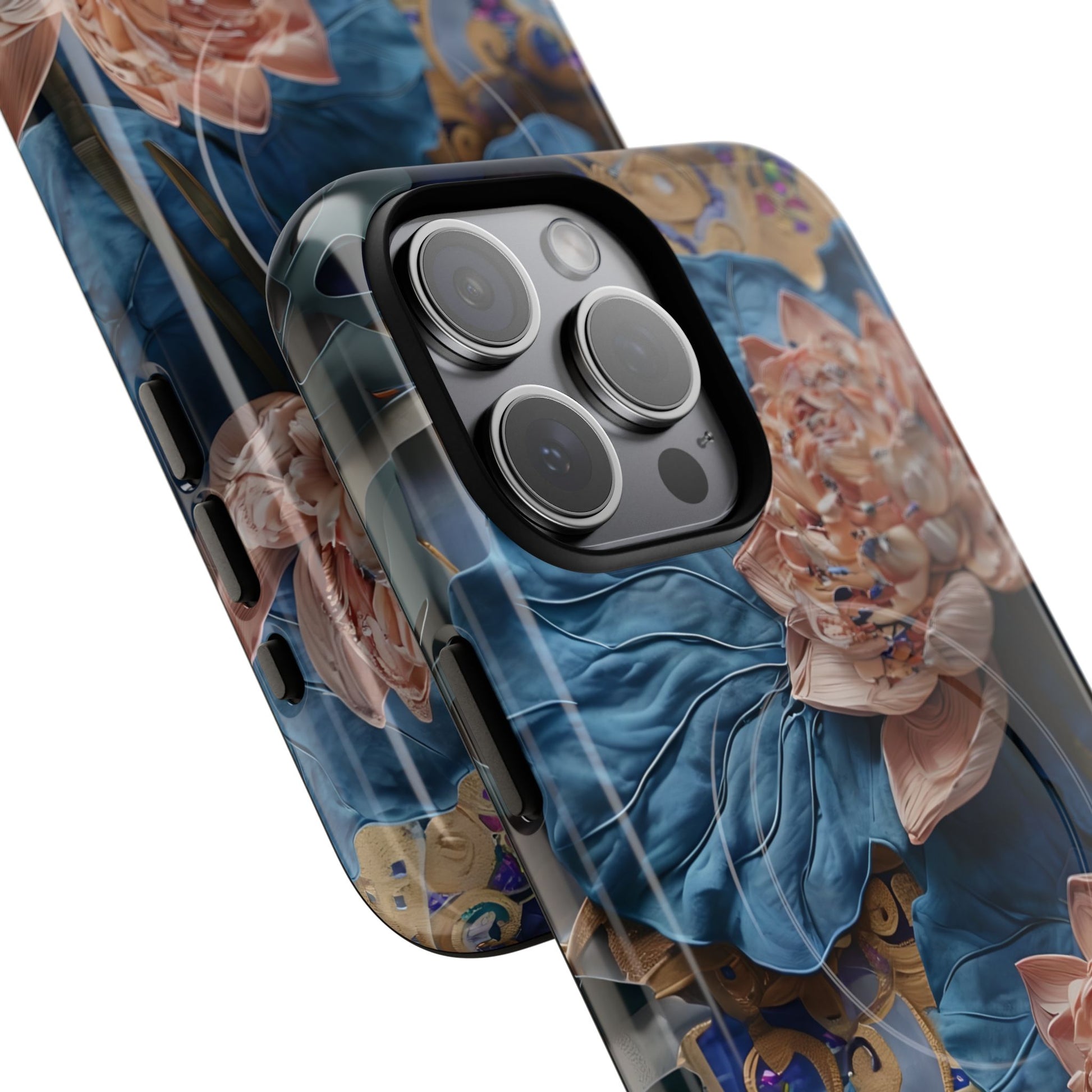 Peony Midnight Tapestry - iPhone 15 Pro Max - MagSafe Compatible - Elegant Blue & Blush Artful Phone Cover