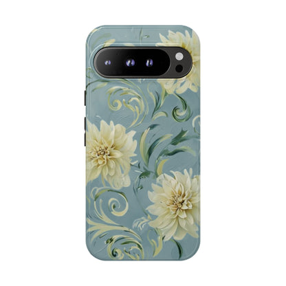 Golden Dahlia Trio - Elegant Floral Google Pixel Tough Phone Case - Artistic White & Blue Dahlia Design