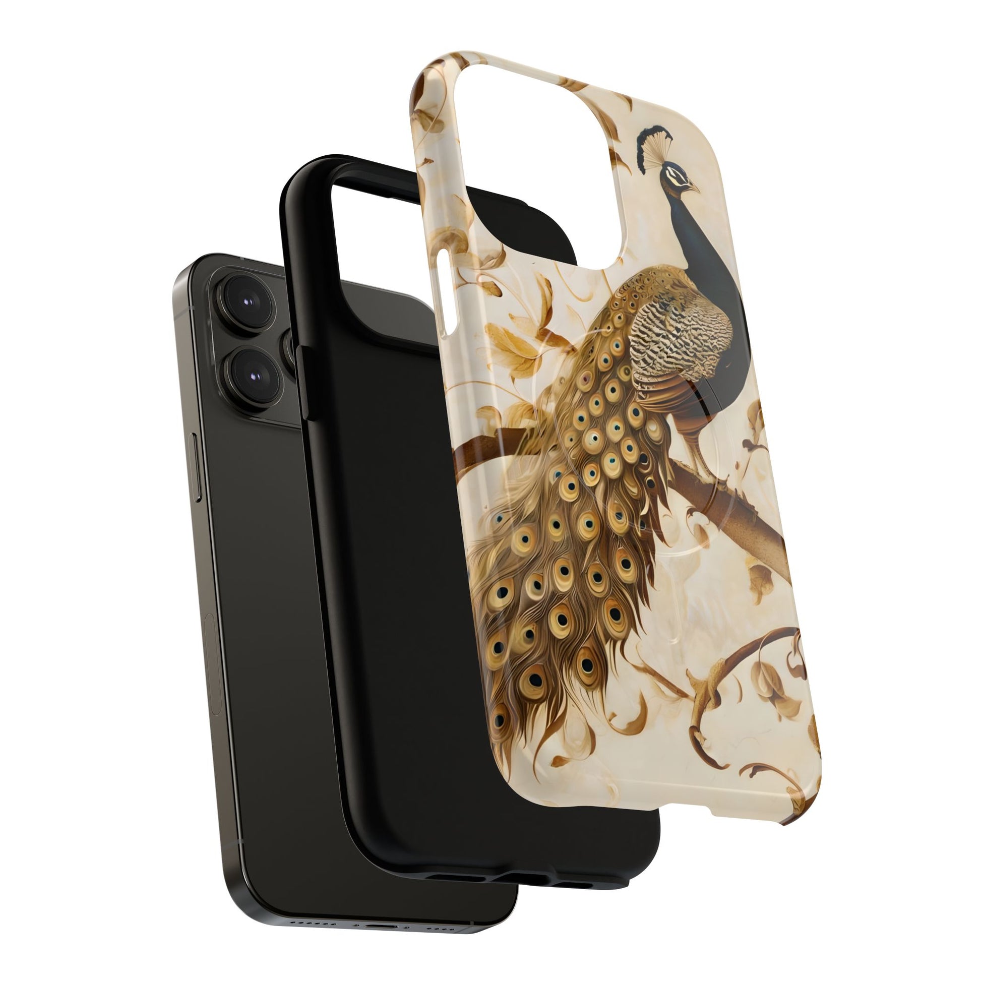 Golden Plumage - Luxe Peacock Art iPhone 14 Pro Max Phone Case - MagSafe Compatible - Elegant Gold & Cream Design