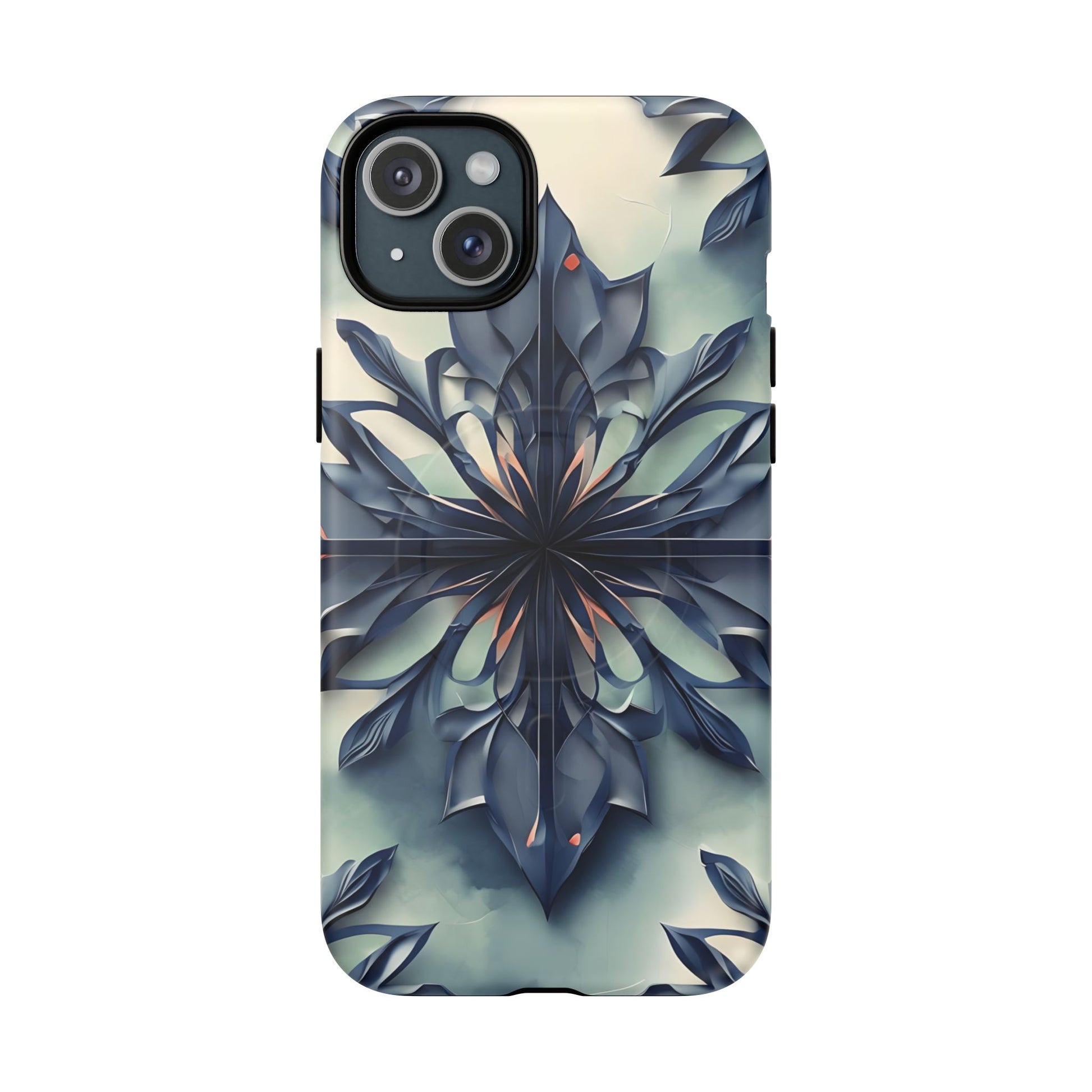 Frosted Indigo Bloom - Artistic Kaleidoscope Collection Artistic Floral - iPhone 15 Plus MagSafe Phone Case -Blue Symmetrical Design