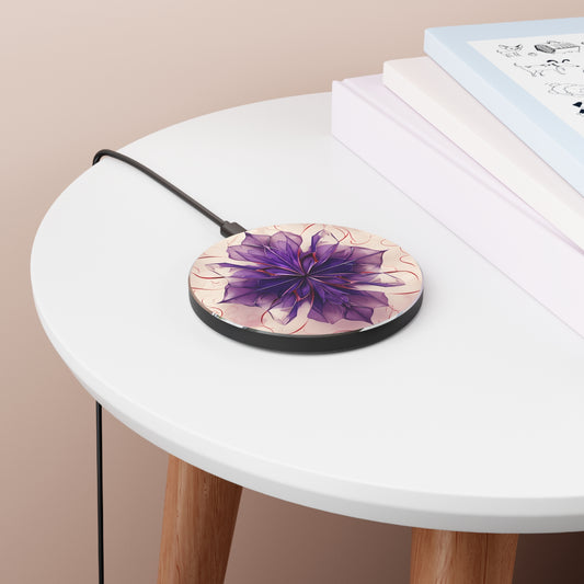 Violet Reverie purple floral mandala art Qi wireless charger on bedside table with books