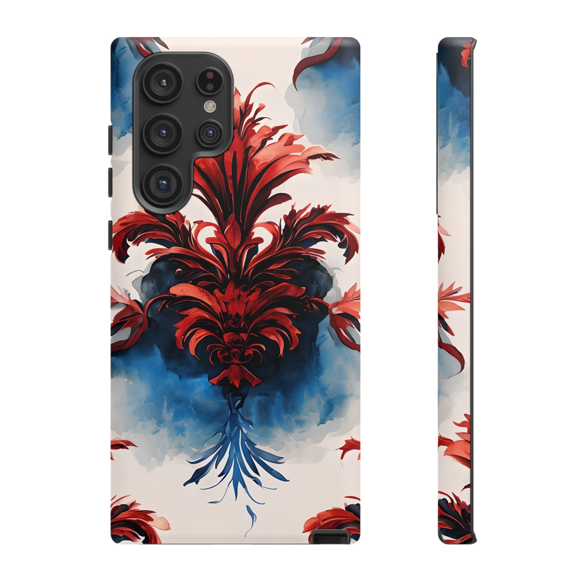 Crimson Plume - Bold Artistic Feather Samsung Galaxy S22 Ultra Tough Phone Case - Dramatic Red & Blue Design