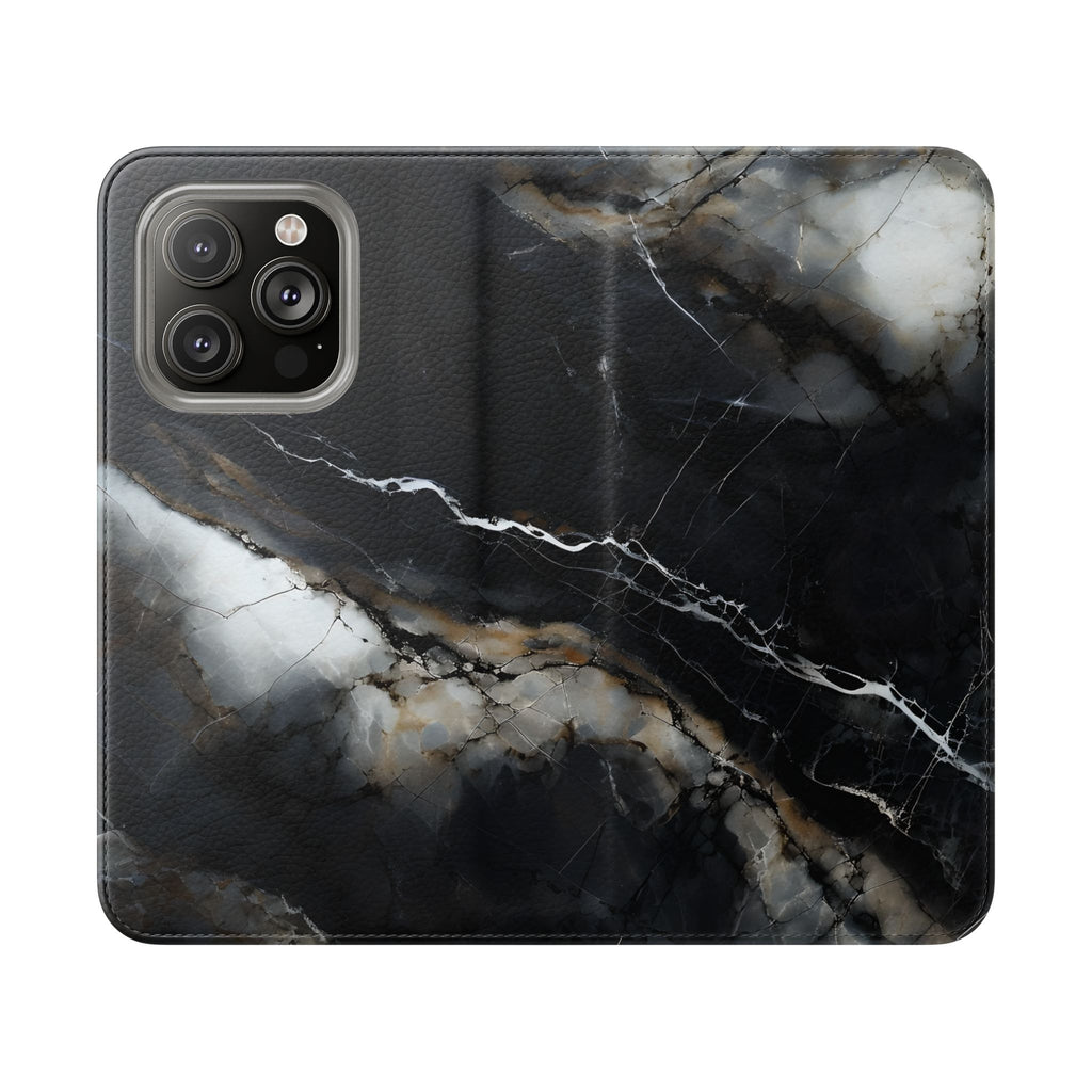 Obsidian Vein Wallet Phone Case - Black & White Marble - Flip Cover for iPhone 14 Pro