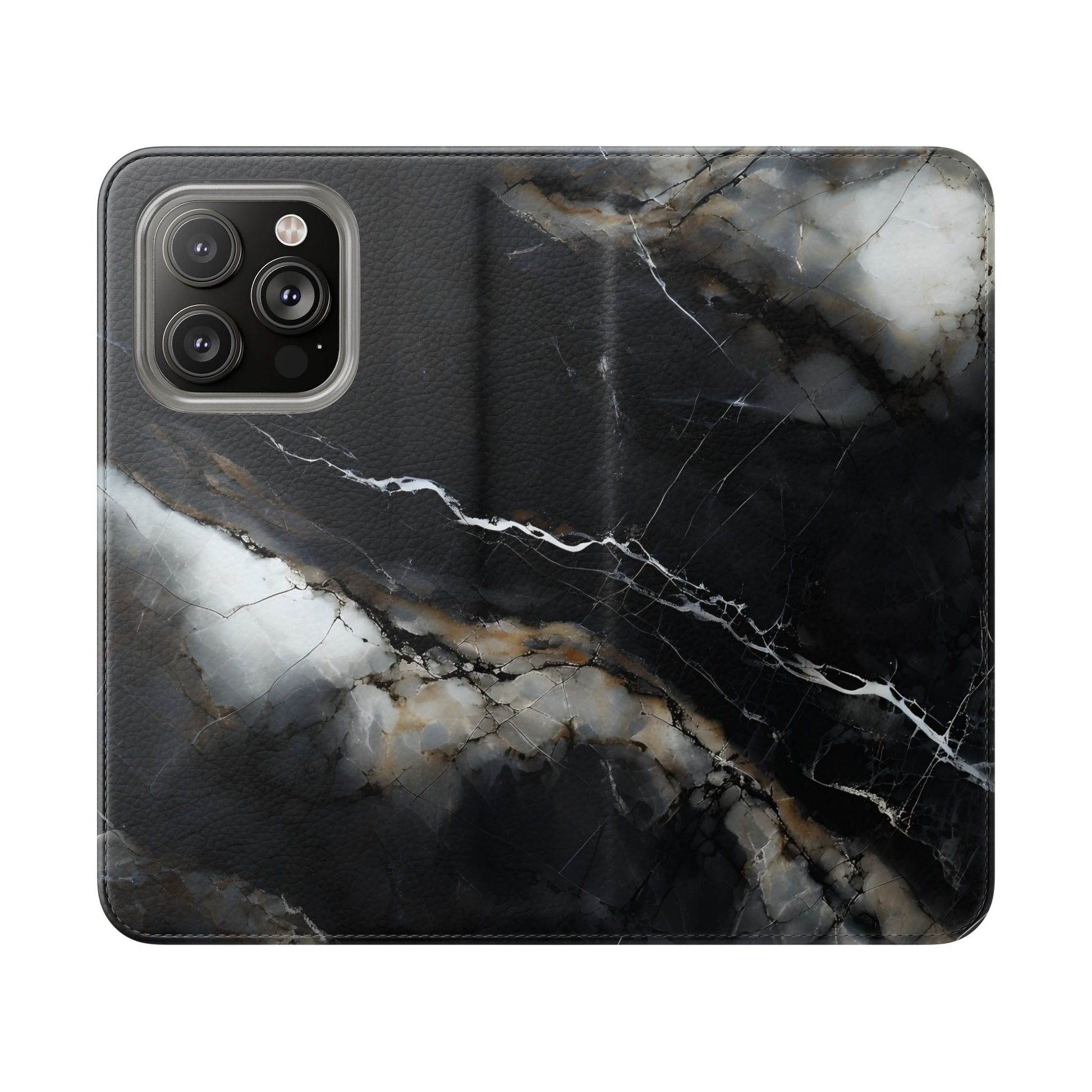 Obsidian Vein Wallet Phone Case - Black & White Marble - Flip Cover for iPhone 14 Pro