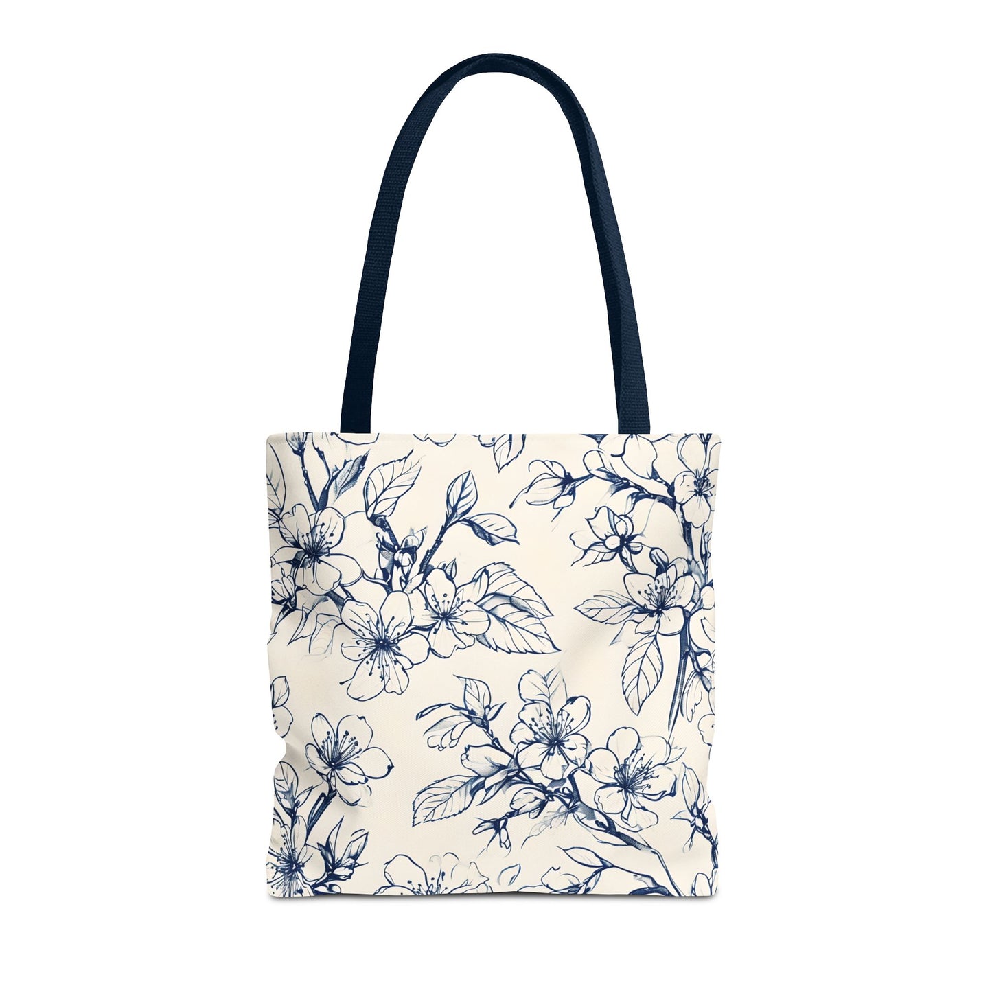 Blossom Sketch Floral Tote Bag (16x16 & 18x18)- Elegant Navy Line Art on Beige Canvas, Reusable & Eco-Friendly