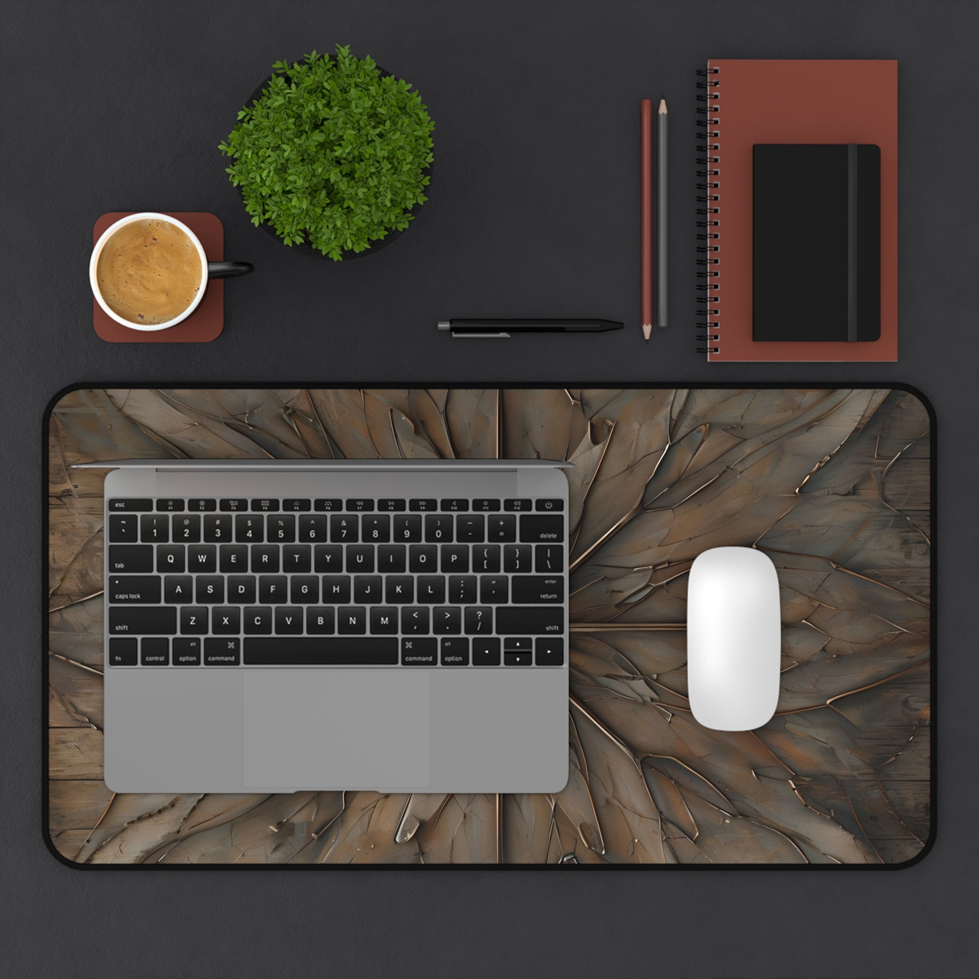 Earthstone Mandala desk mat in workspace with keyboard showing intricate earth-tone mandala artwork