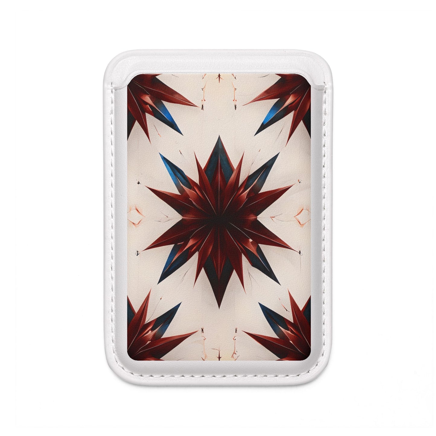 Garnet Starburst MagSafe card holder with bold red and blue starburst pattern on white magnetic wallet.
