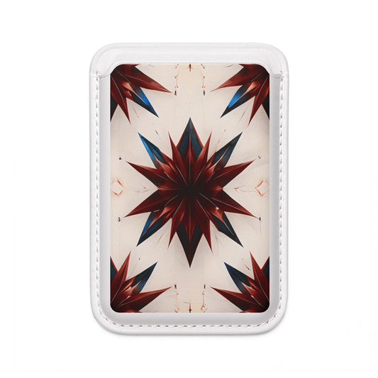 Garnet Starburst MagSafe card holder with bold red and blue starburst pattern on white magnetic wallet.