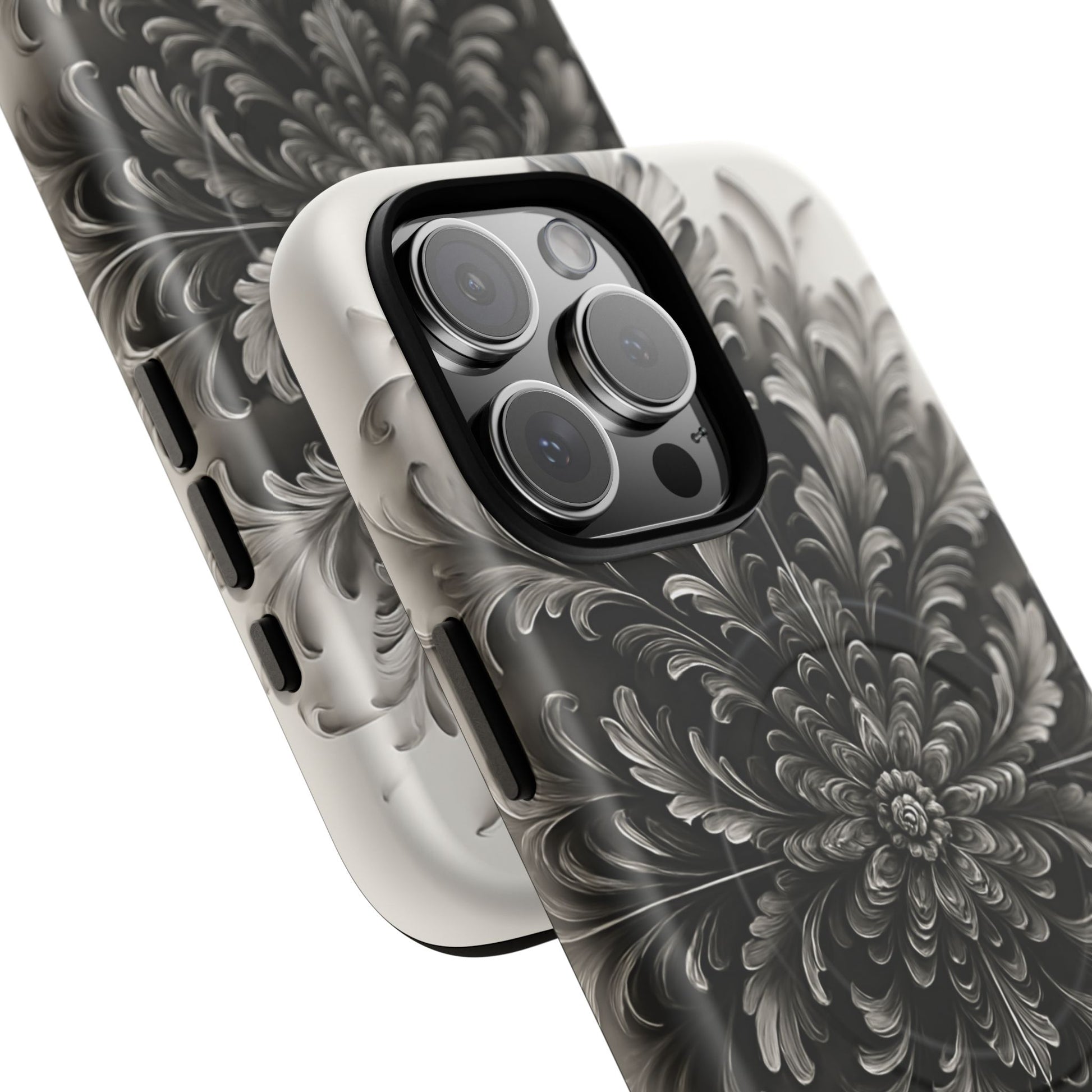 Obsidian Bloom - Elegant Black & White iPhone 16 Pro Max MagSafe Phone Case - Intricate Mandala Flower Design