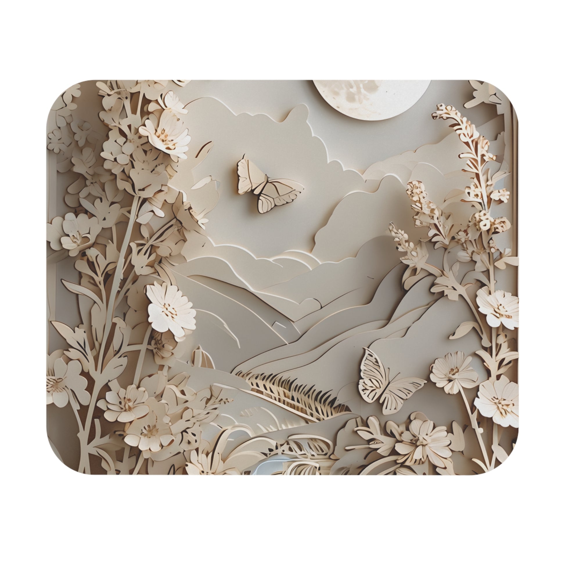 Moonlit Garden mouse pad featuring botanical floral artwork in soft neutral tones