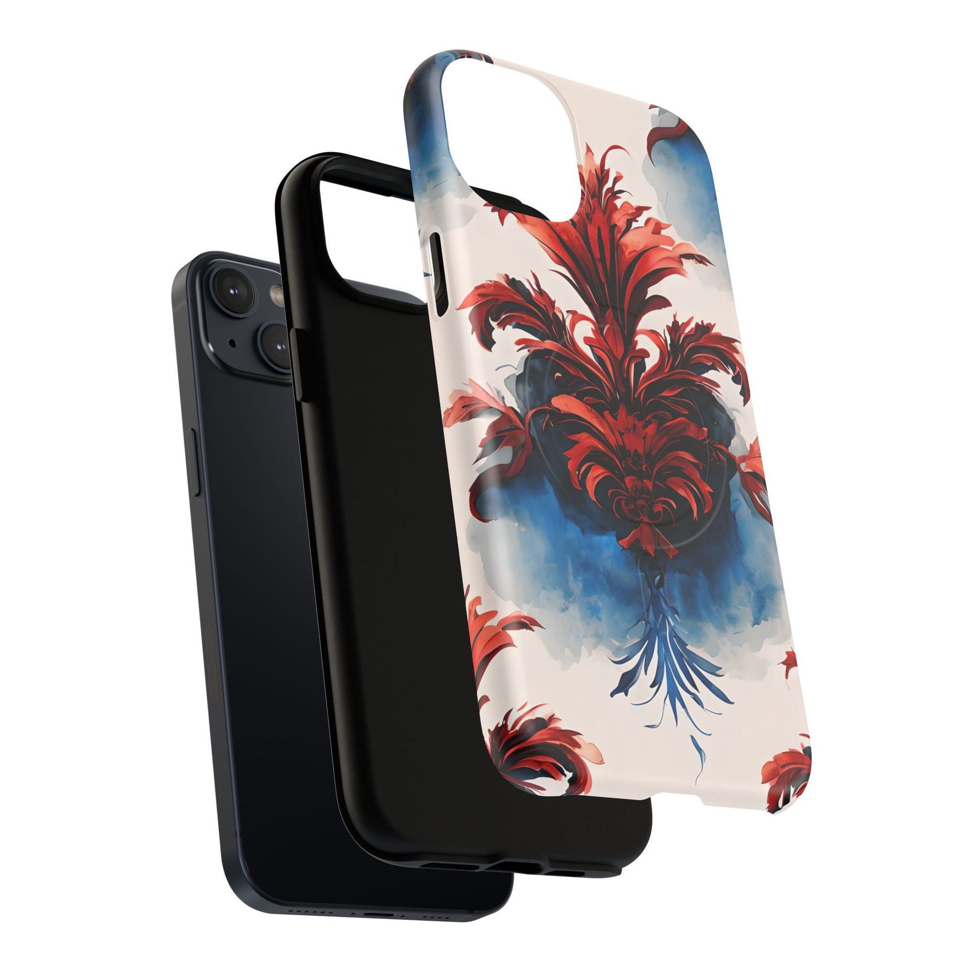 Crimson Plume - Bold Artistic Feather iPhone 14 Plus MagSafe Phone Case - Dramatic Red & Blue Design