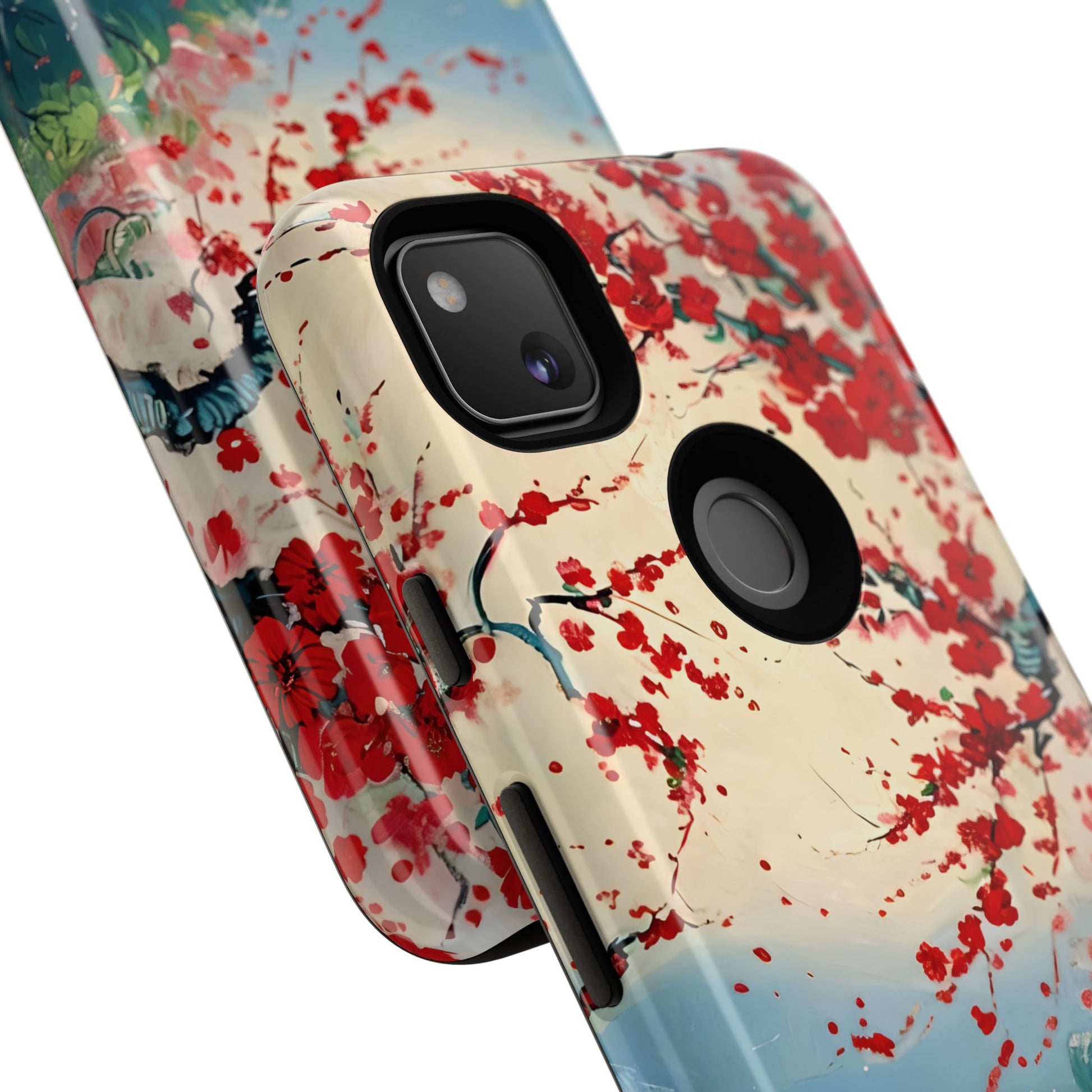 Crimson Blossom Lake - Artistic Floral Landscape Google Pixel 4a Tough Phone Case - Red Cherry Blossoms & Serene Lake Design