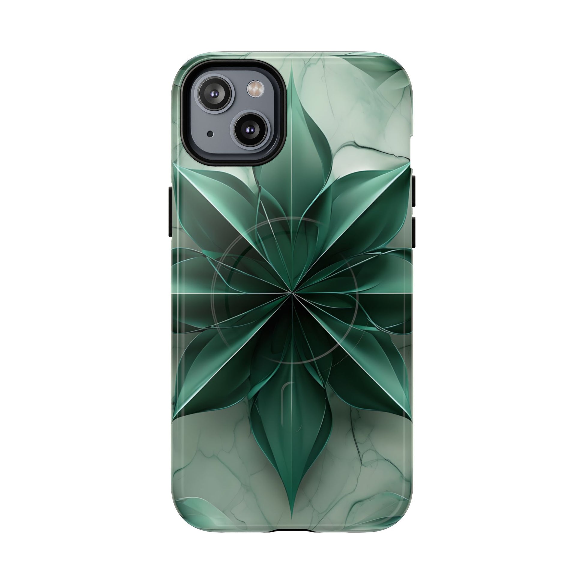 Emerald Bloom iPhone 14 Plus MagSafe Phone Case -Modern Symmetrical Floral Design, Green