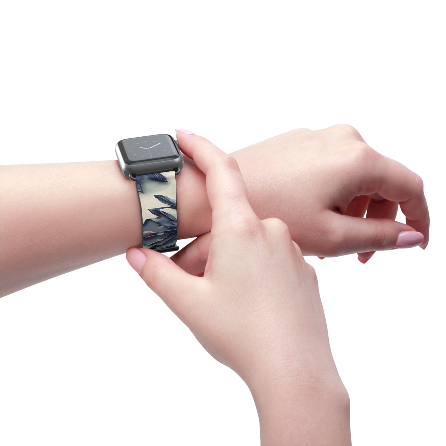 Frosted Indigo Bloom Apple Watch band worn on wrist featuring cool indigo floral design with icy blue accents