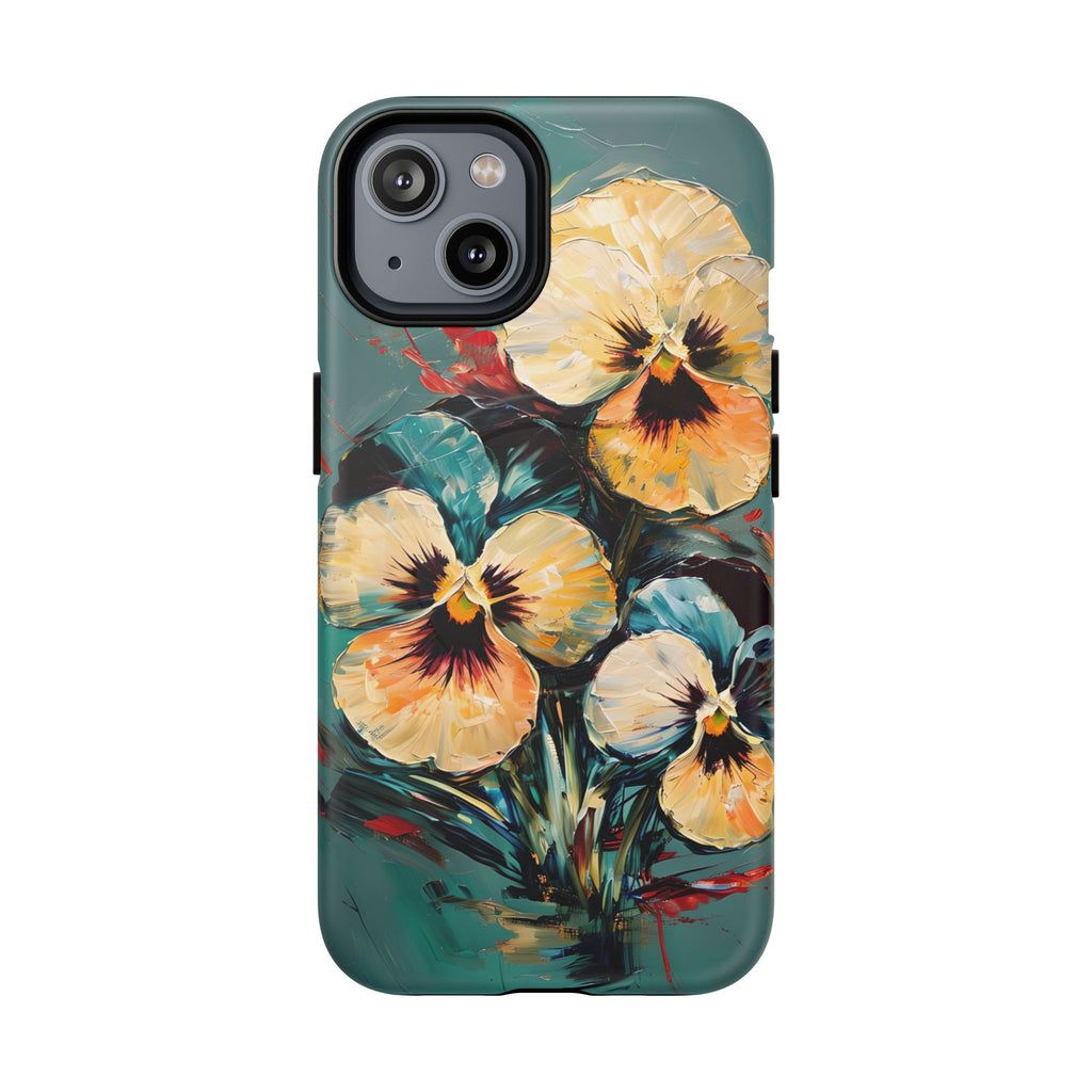Golden Pansy Cascade - Elegant Floral iPhone 14 MagSafe Case with Deep Teal Background