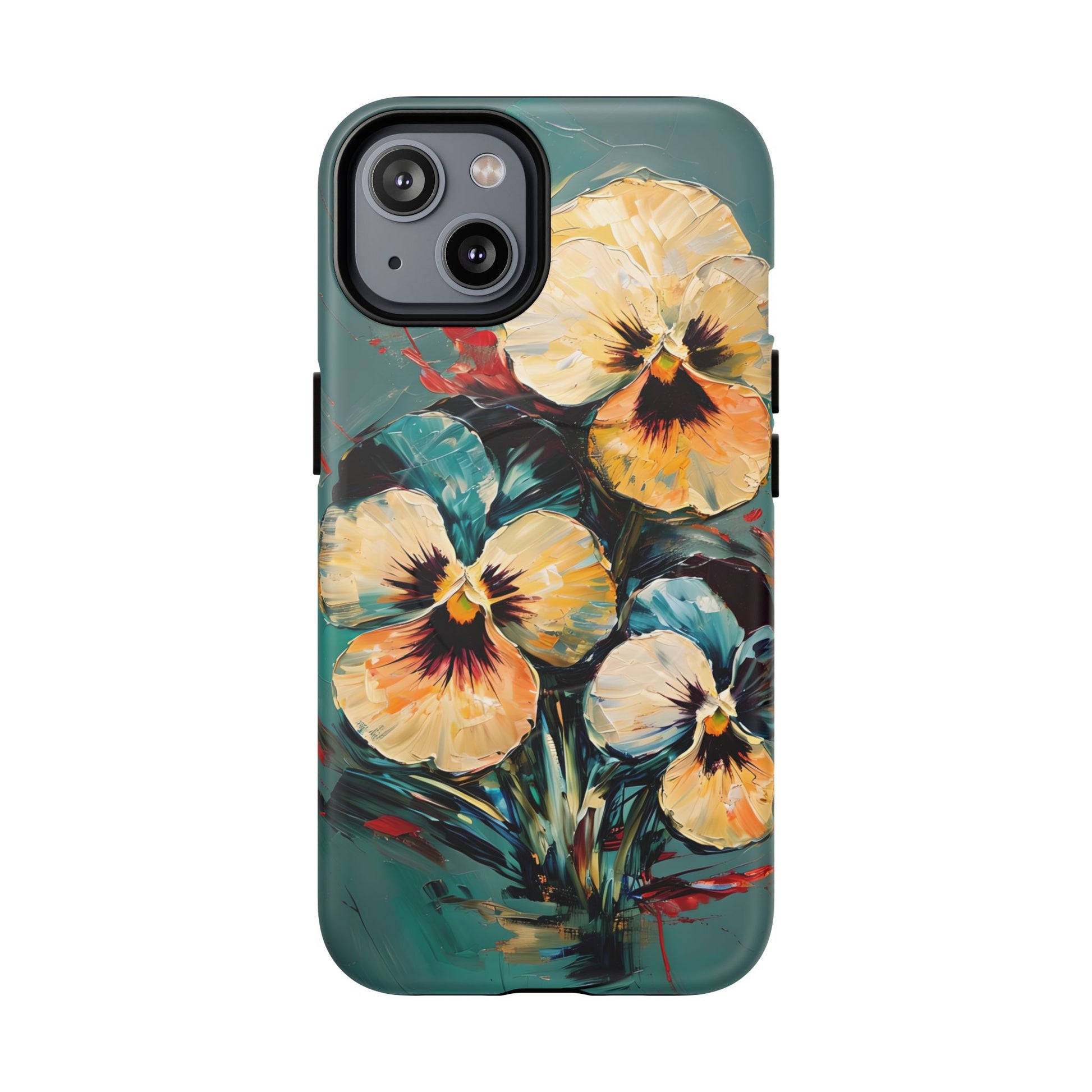 Golden Pansy Cascade - Elegant Floral iPhone 14 MagSafe Case with Deep Teal Background