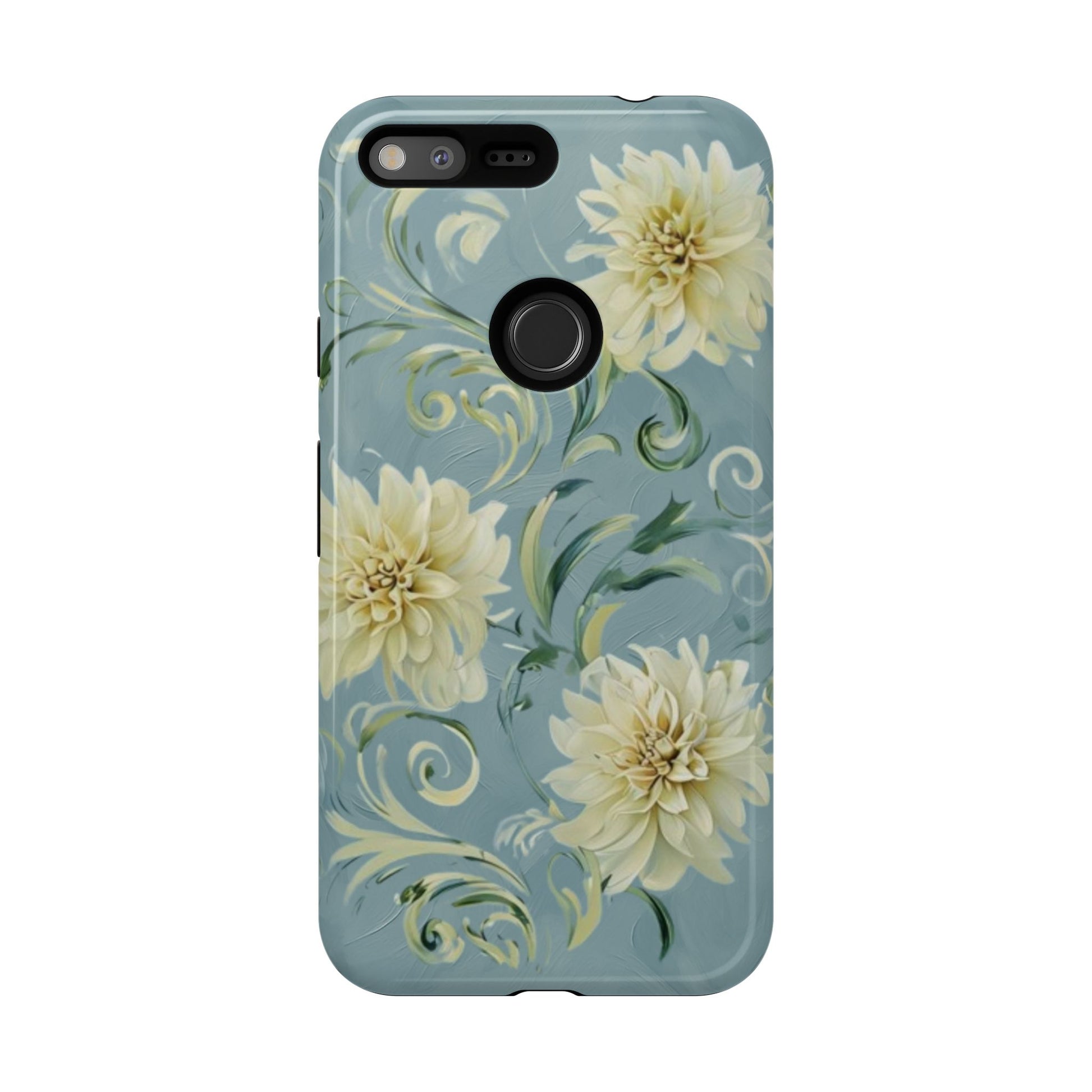Golden Dahlia Trio - Elegant Floral Google Pixel XL Tough Phone Case - Artistic White & Blue Dahlia Design
