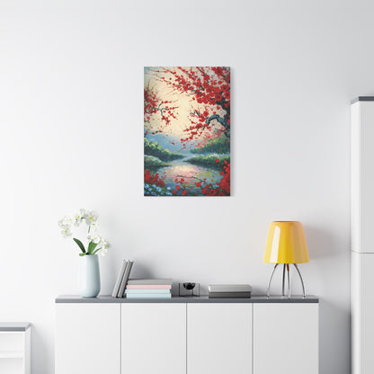 Crimson Blossom Lake wall art canvas displayed above a modern white console table in a bright living room