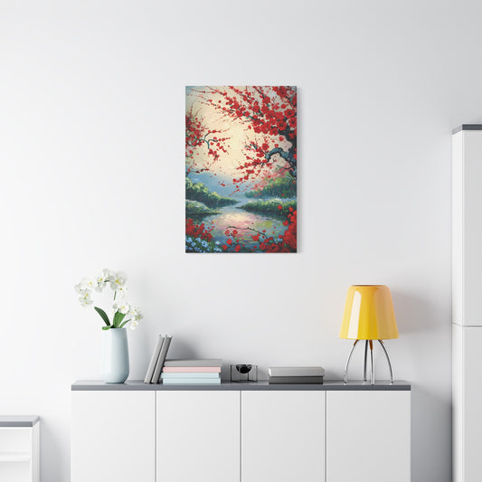 Crimson Blossom Lake wall art canvas displayed above a modern white console table in a bright living room