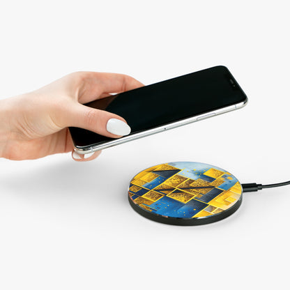 Hand placing smartphone on Golden Ascent geometric gold art deco design Qi wireless charger