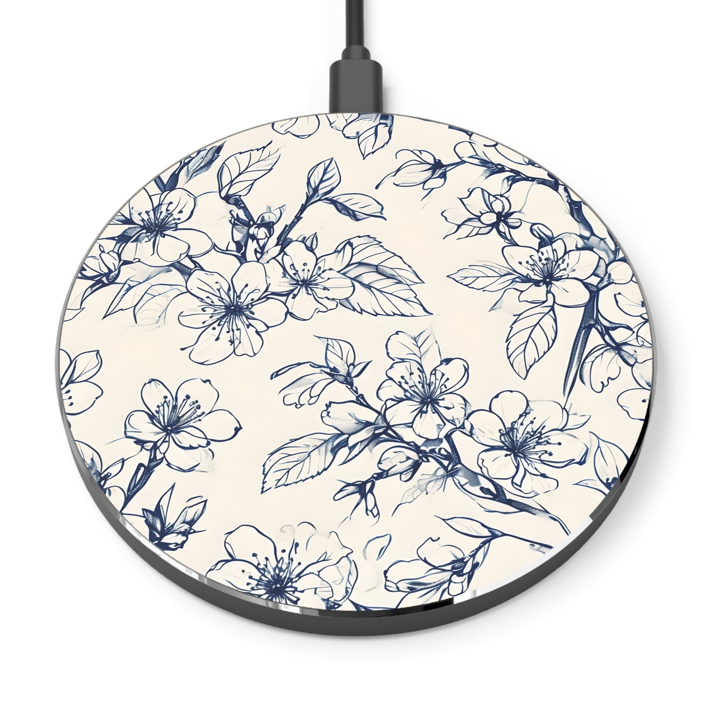 Blossom Sketch blue floral line art decorative Qi wireless charger with botanical sketch design