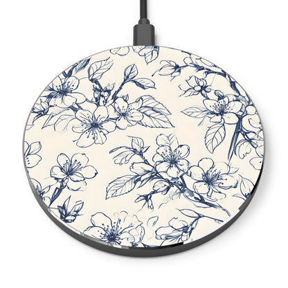 Blossom Sketch blue floral line art decorative Qi wireless charger with botanical sketch design