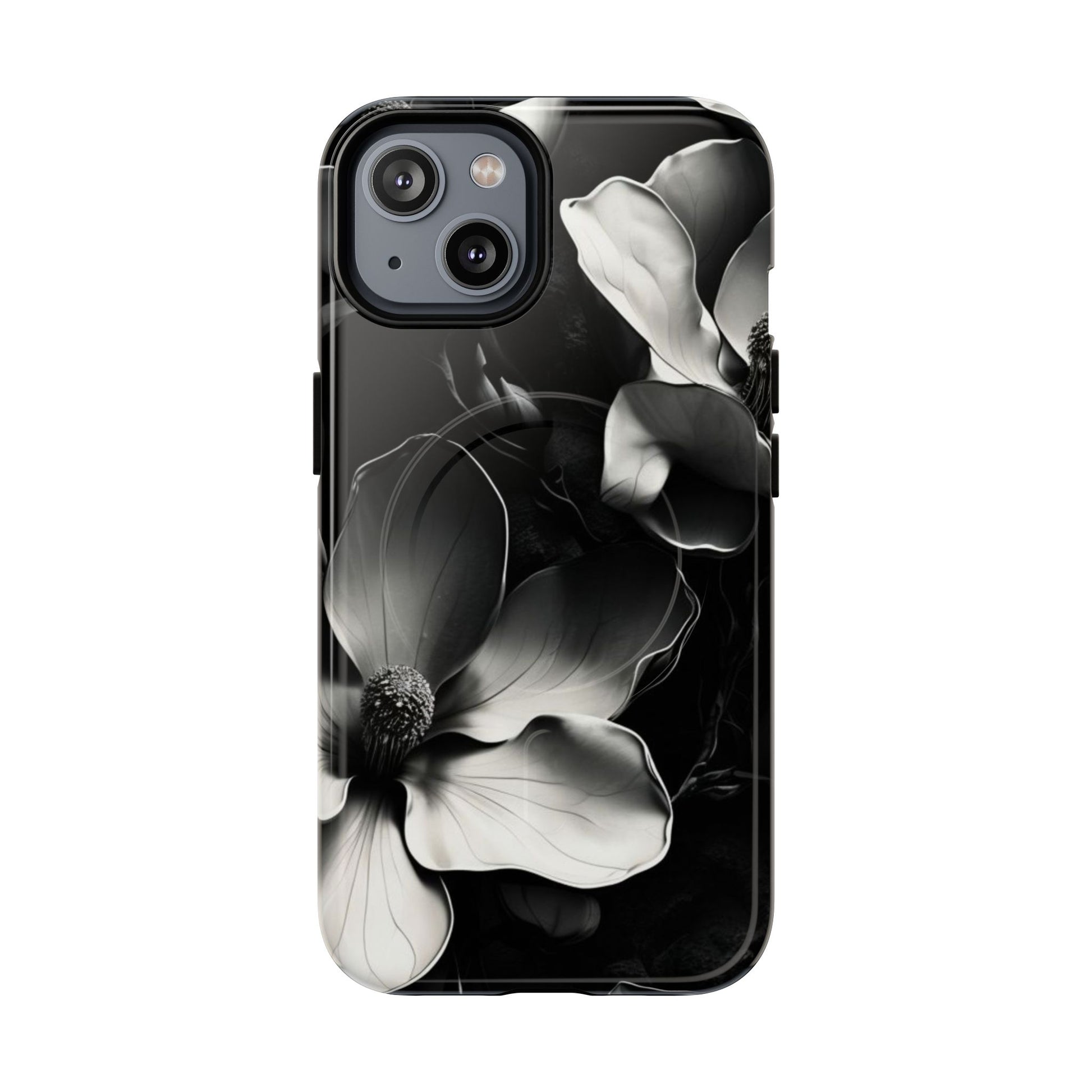 Monochrome Magnolia iPhone MagSafe case with black and white magnolia floral design
