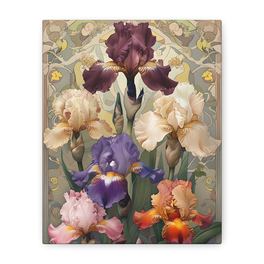 Iris Reverie - Vertical Wall Art in Soft Pastels and Bold Maroon, Elegant Botanical Print