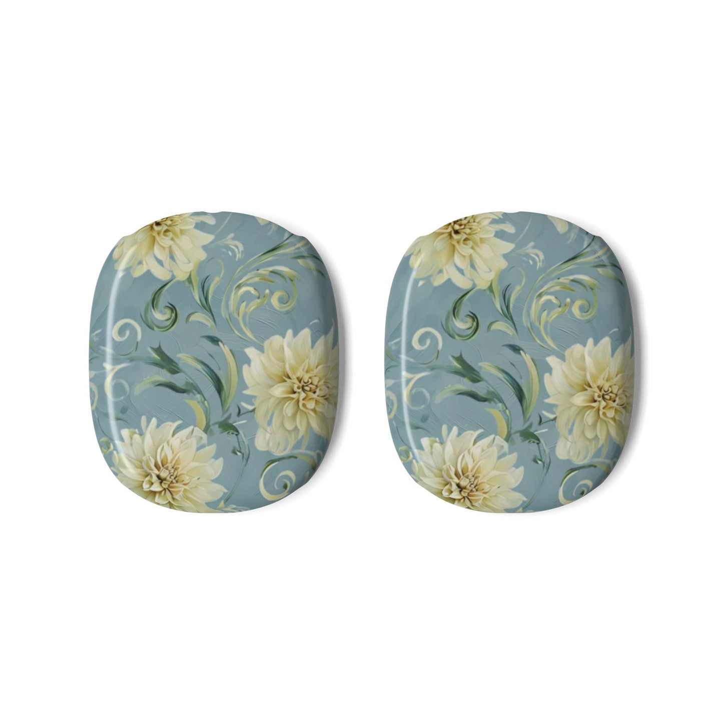 Golden Dahlia Trio AirPods Max ear cup covers with golden dahlia floral pattern on dusty blue, flat product view