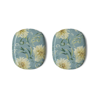 Golden Dahlia Trio AirPods Max ear cup covers with golden dahlia floral pattern on dusty blue, flat product view