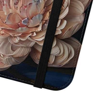 Close view of Peony Midnight Tapestry floral iPhone wallet flip phone case with elastic closure