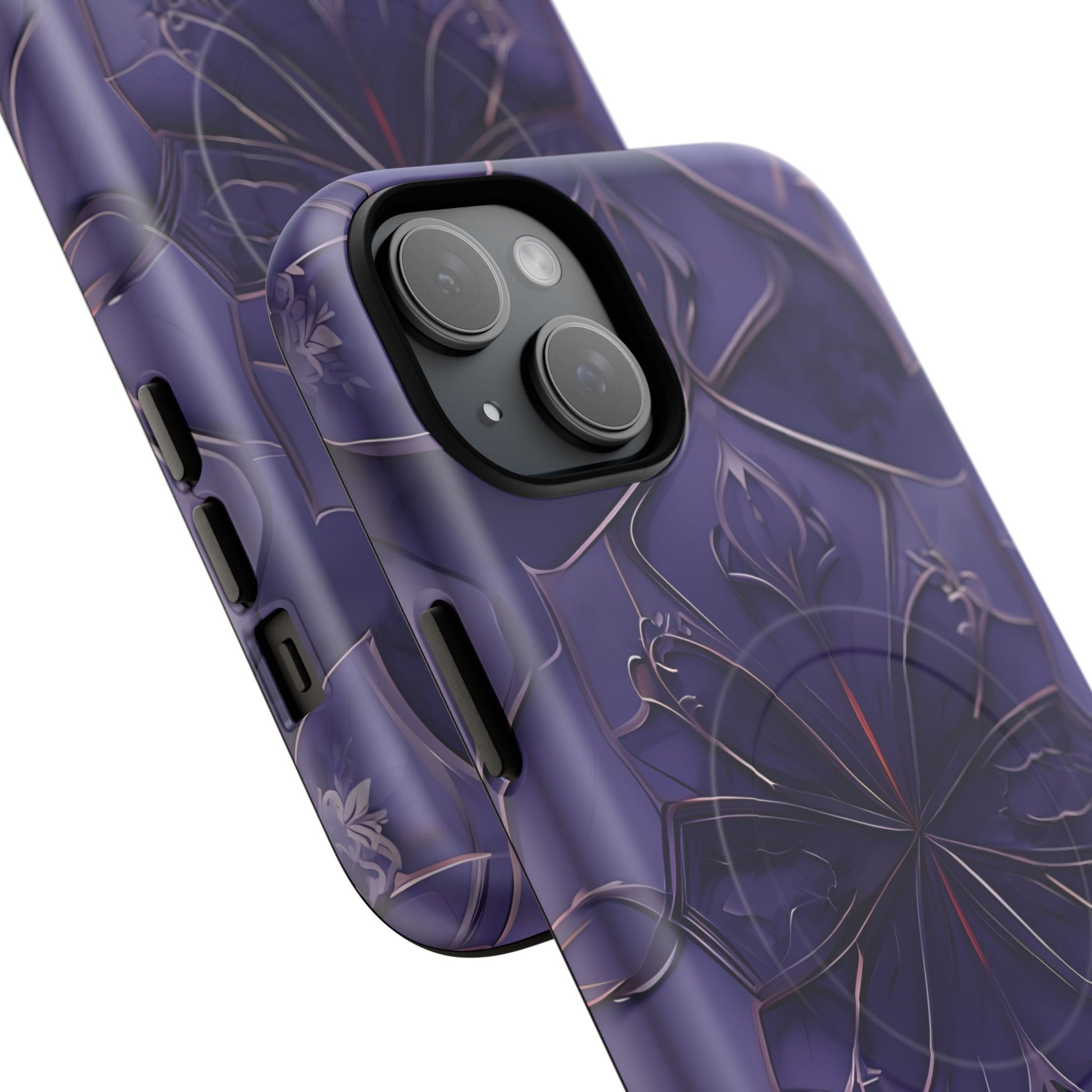 Violet Nebula - Kaleidoscope Collection Artistic Floral Burst - iPhone 15 Plus MagSafe Phone Case -Bold Purple Symmetrical Design