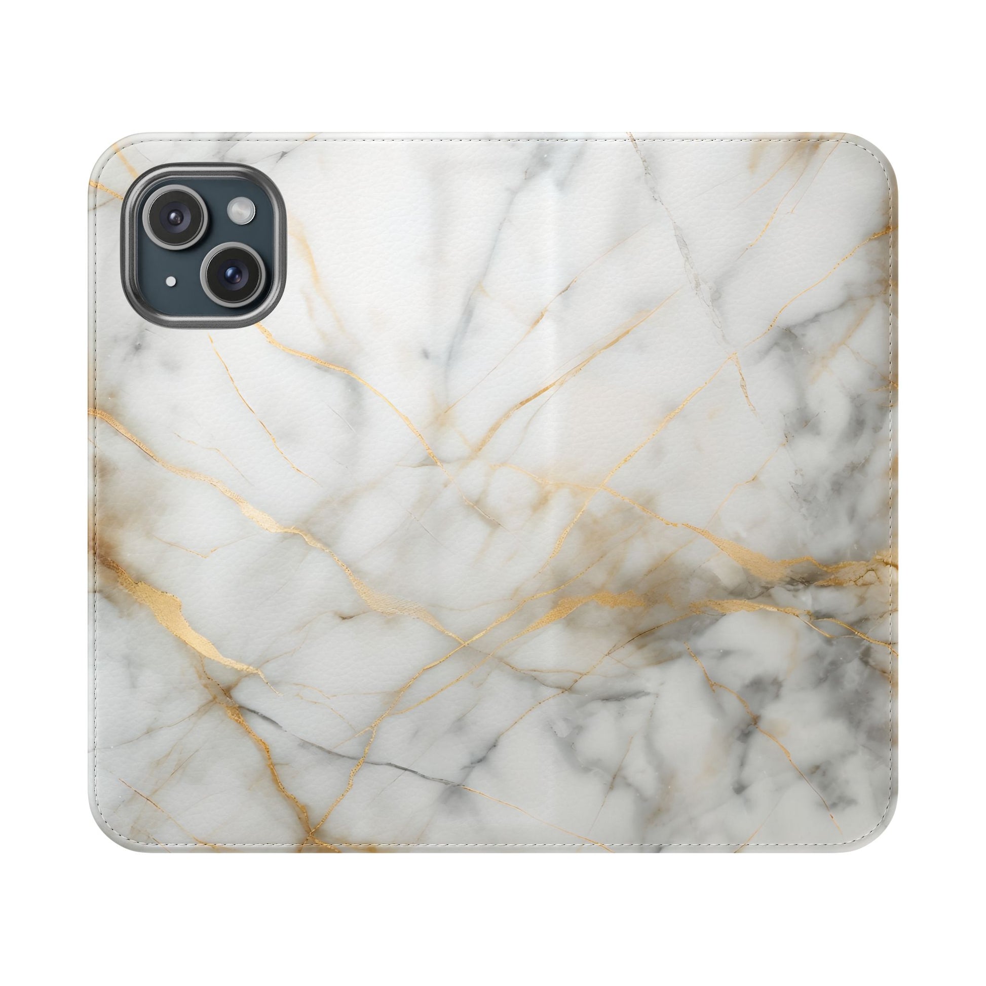 Golden Vein Wallet Phone Case - Gold & White Marble Design - Flip Cover for iPhone 15