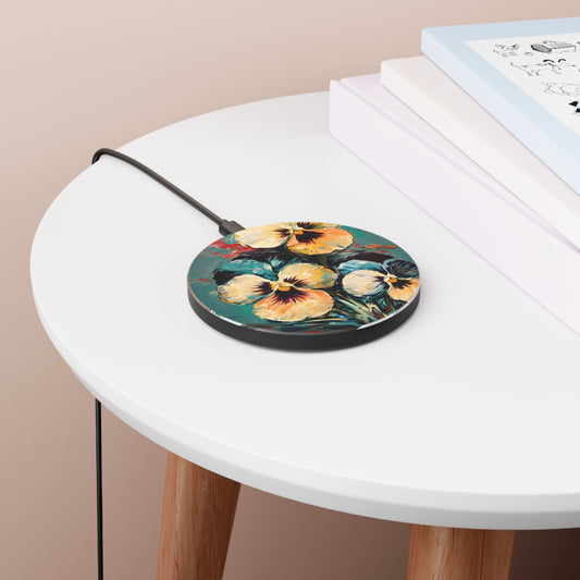 Golden Pansy Cascade pansy flower art Qi wireless charger on bedside table with books