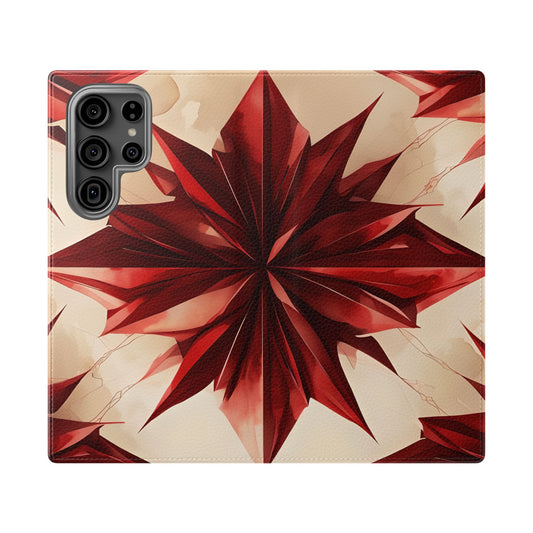 Ruby Compass Samsung Galaxy wallet flip phone case with red geometric starburst pattern on ivory background
