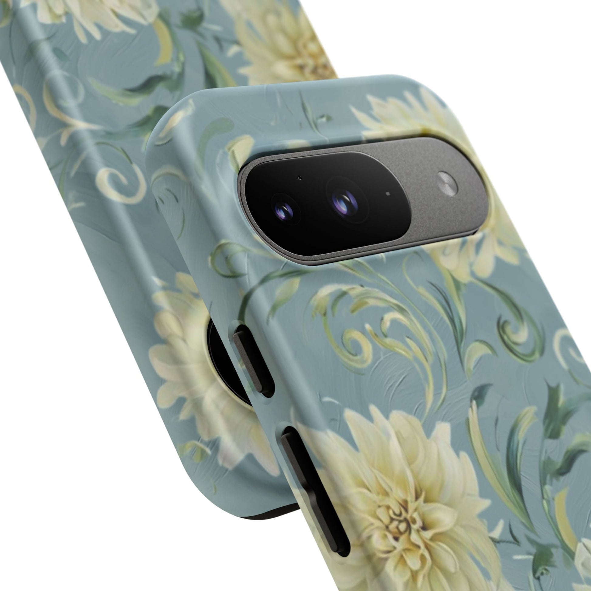 Golden Dahlia Trio - Elegant Floral Google Pixel 9 Tough Phone Case - Artistic White & Blue Dahlia Design