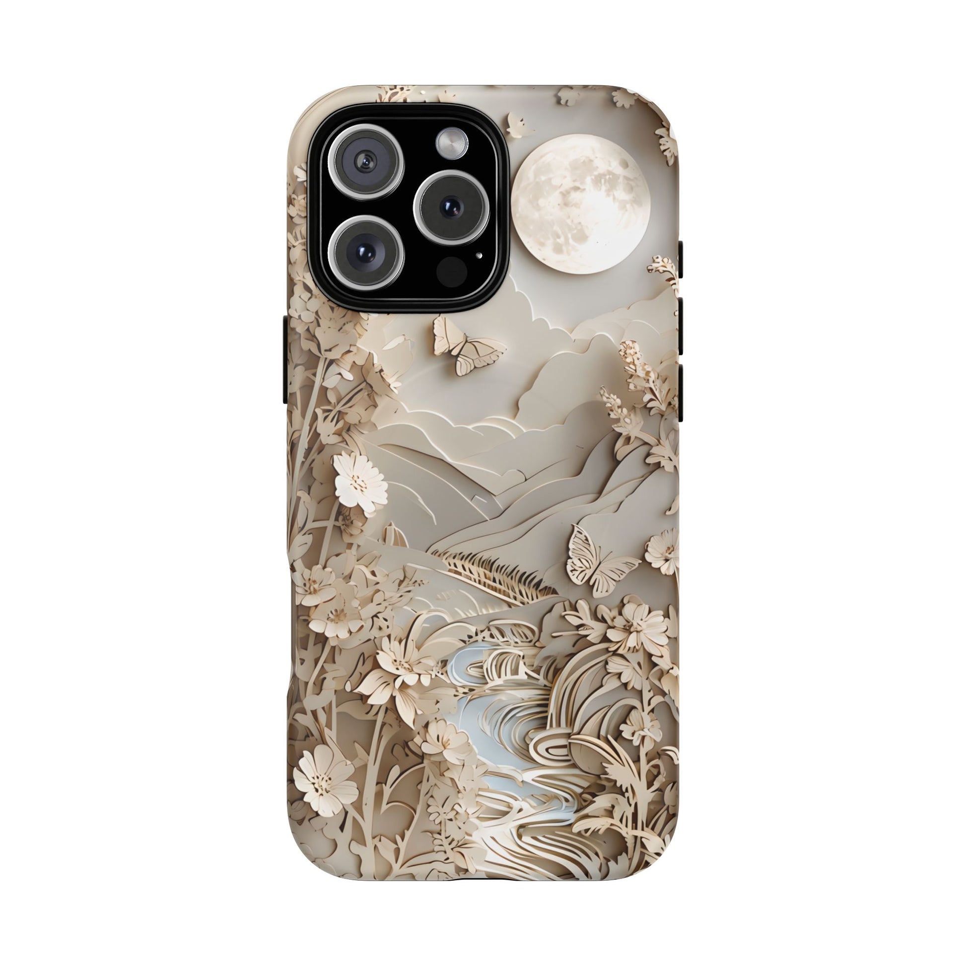Moonlit Garden - Elegant Neutral Floral iPhone 16 Pro Max MagSafe Phone Case - Painterly Botanical & Moon Design