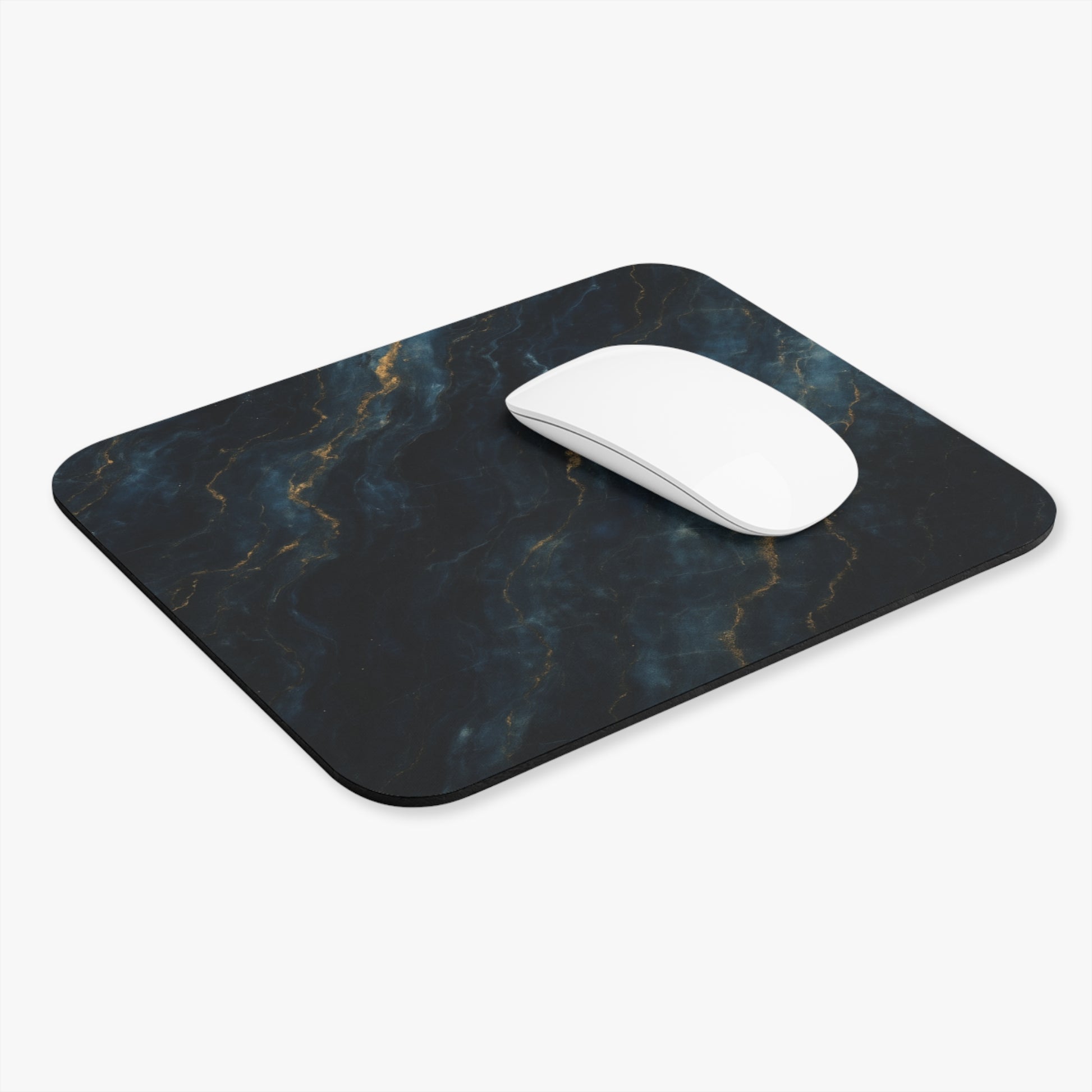 Midnight Marble mouse pad in workspace with mouse showing dark marble artwork