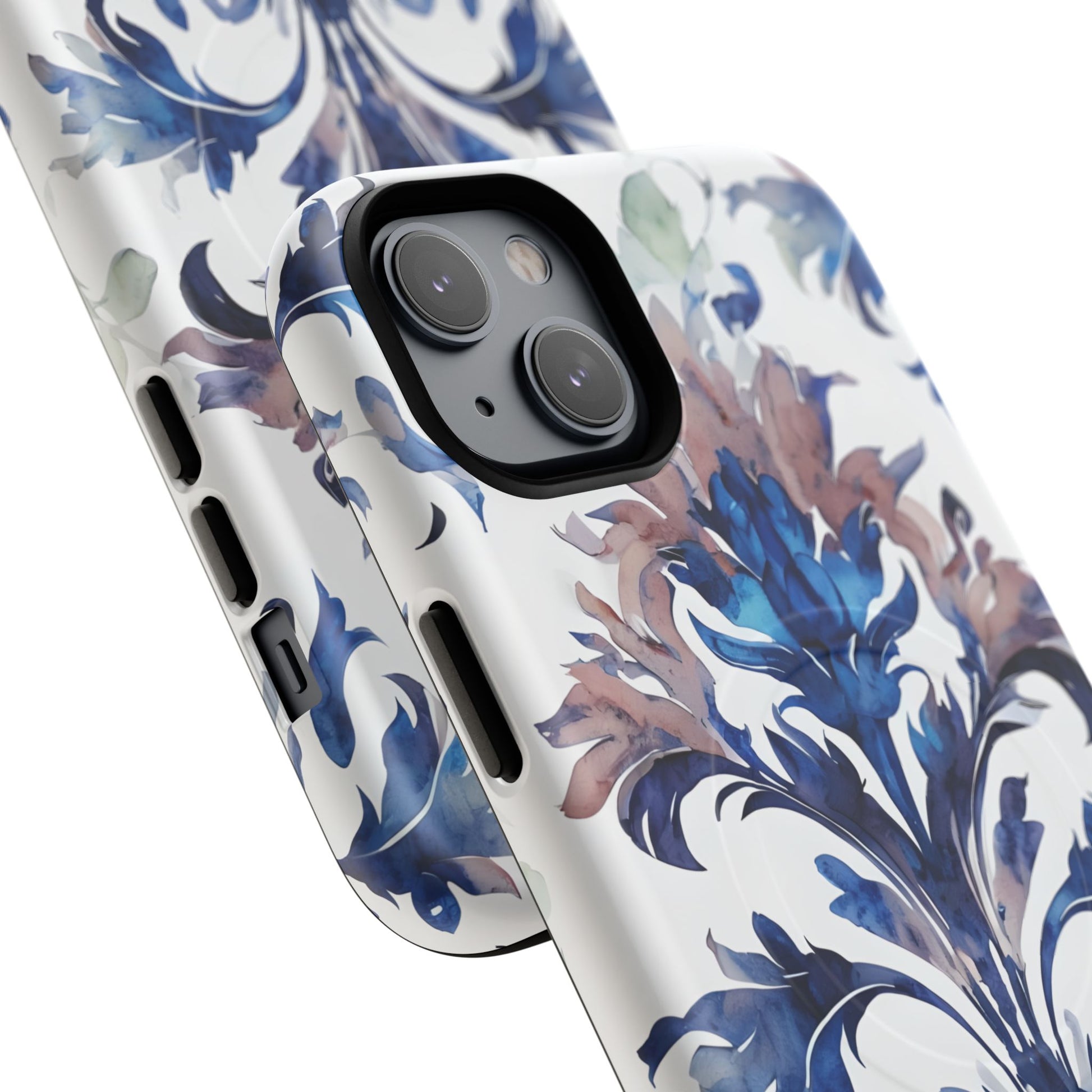 Delft Reverie - Elegant Blue & White iPhone 14 Plus MagSafe Phone Case - Dutch Delftware-Inspired Floral Design
