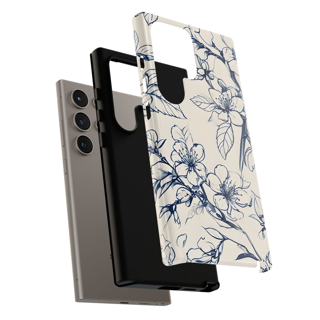 Blossom Sketch - Artistic Blue Floral Samsung Galaxy S24 Ultra Tough Phone Case - Hand-Drawn Botanical Design