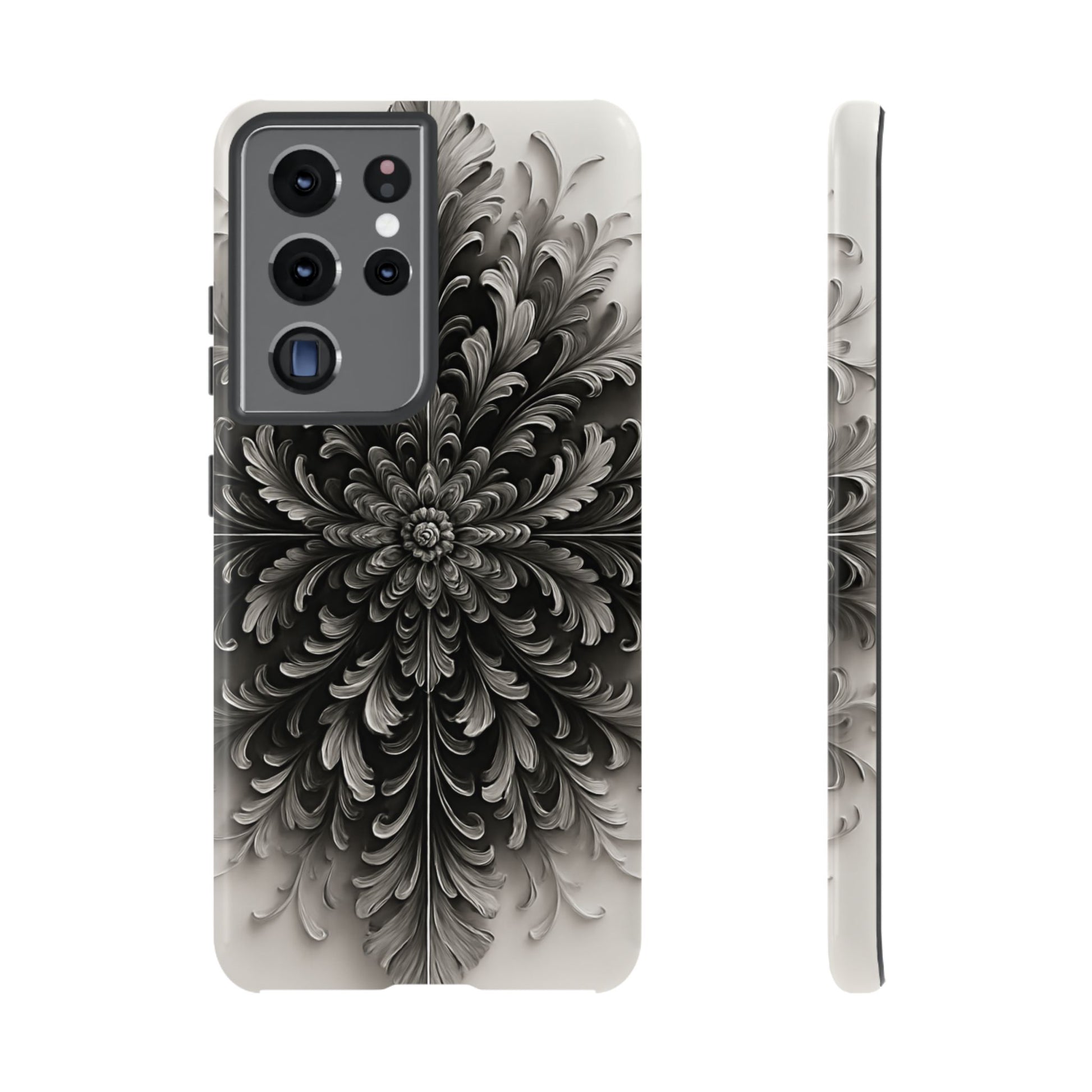 Obsidian Bloom - Elegant Black & White Samsung Galaxy S21 Ultra Tough Phone Case - Intricate Mandala Flower Design
