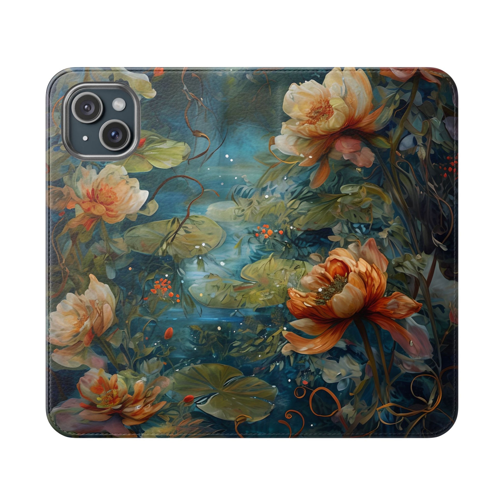 Waterlily Nocturne iPhone 15 Plus Wallet Case - Elegant Floral Flip Cover, Vintage Botanical Phone Folio