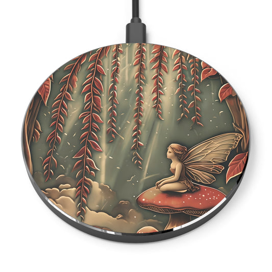 Willow Whisper fairy art Qi wireless charger with woodland fairy sitting on mushroom beneath willow branches