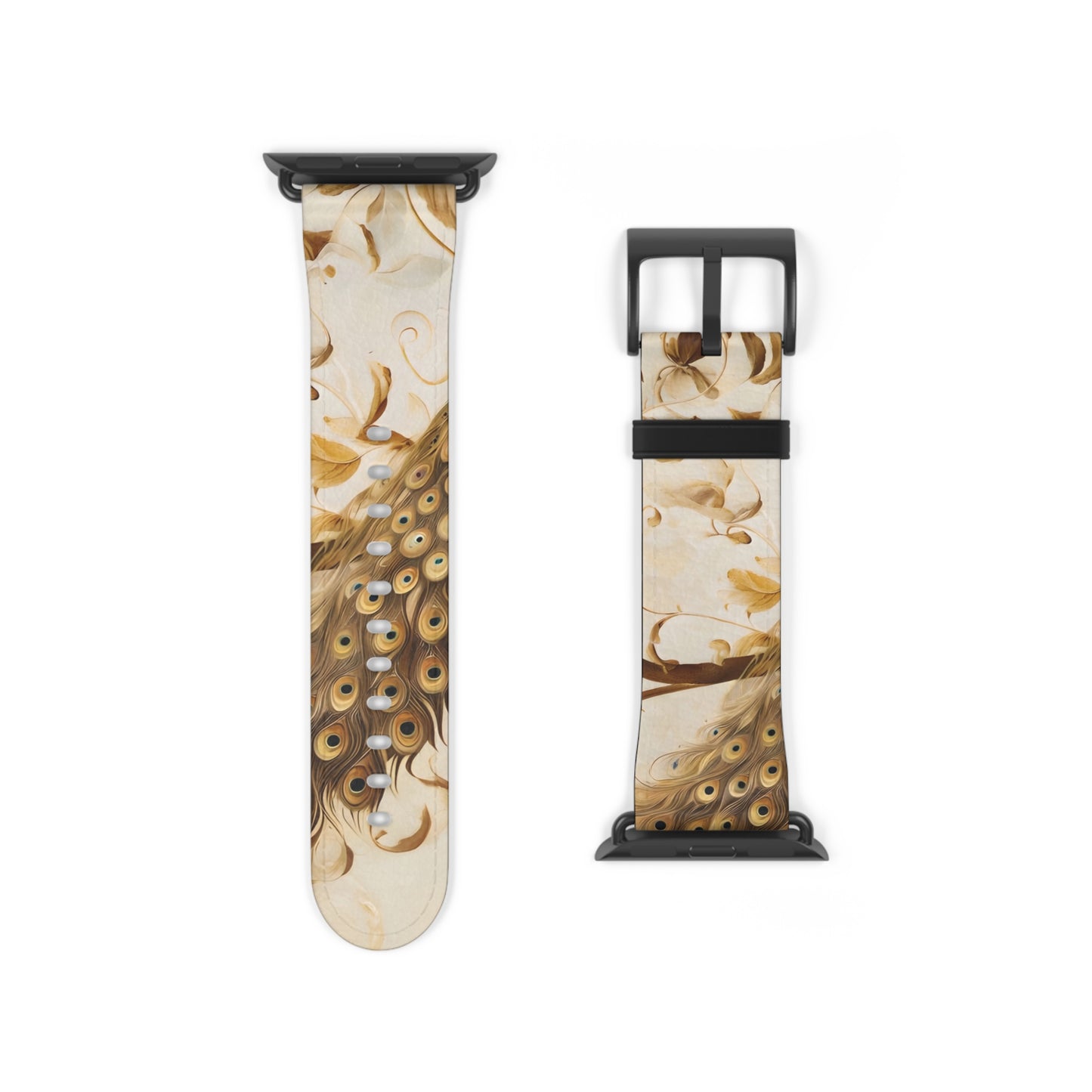 Golden Plumage Apple Watch band strap with black clasp displaying detailed gold feather design on light background
