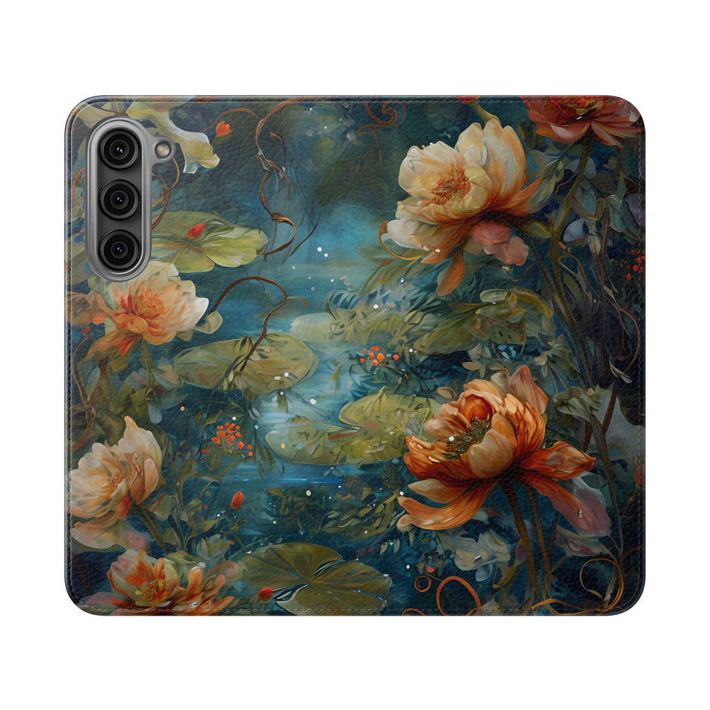 Waterlily Nocturne Samsung Galaxy S23 Plus Wallet Case - Elegant Floral Flip Cover, Vintage Botanical Phone Folio