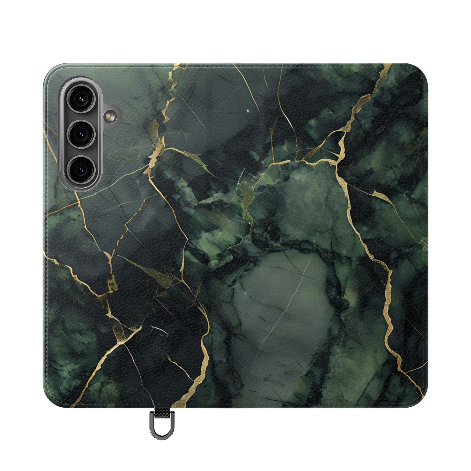 Verdant Vein - Flip Phone Case for Samsung Galaxy S24 Plus - Green and Gold Marble Design