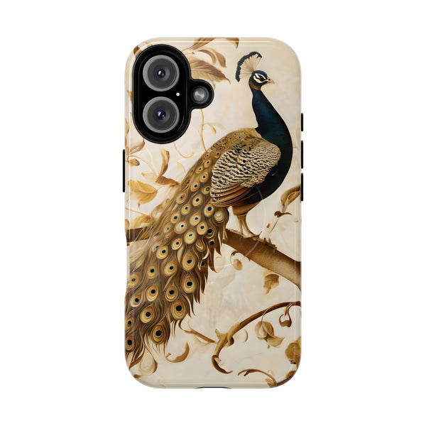 Golden Plumage - Luxe Peacock Art iPhone 16 Phone Case - MagSafe Compatible - Elegant Gold & Cream Design