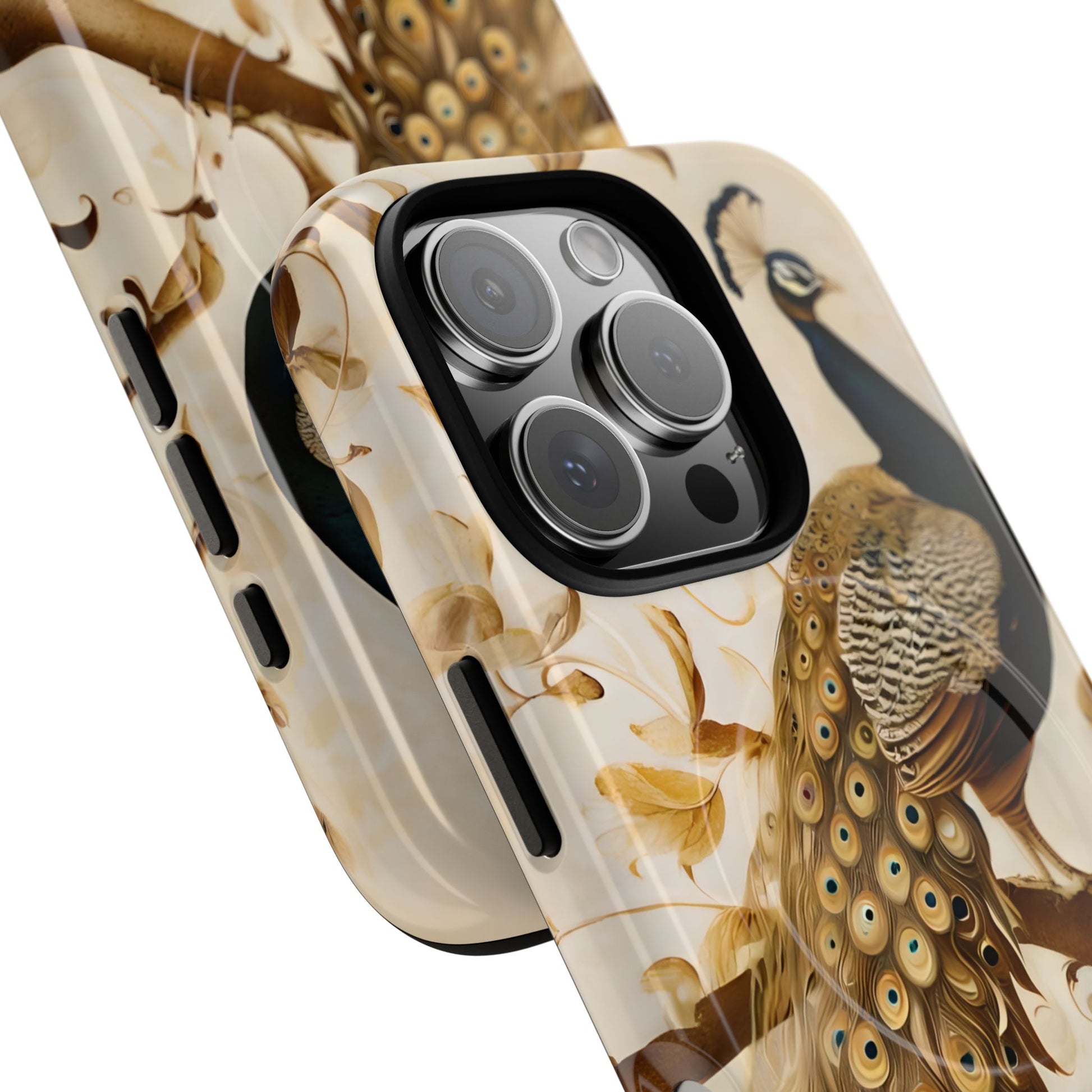 Golden Plumage - Luxe Peacock Art iPhone 16 Pro Phone Case - MagSafe Compatible - Elegant Gold & Cream Design