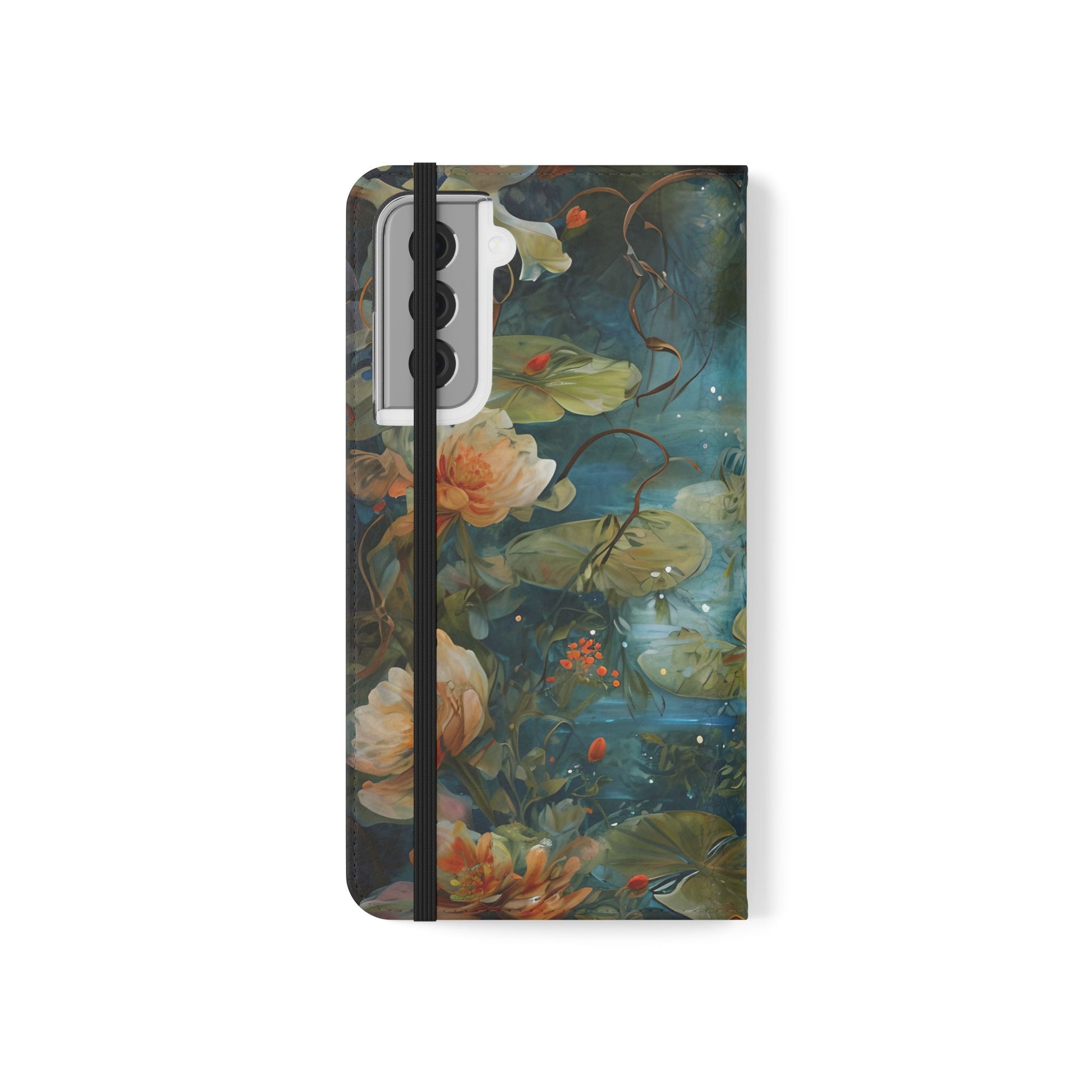 Waterlily Nocturne Samsung Galaxy S21 Wallet Case - Elegant Floral Flip Cover, Vintage Botanical Phone Folio