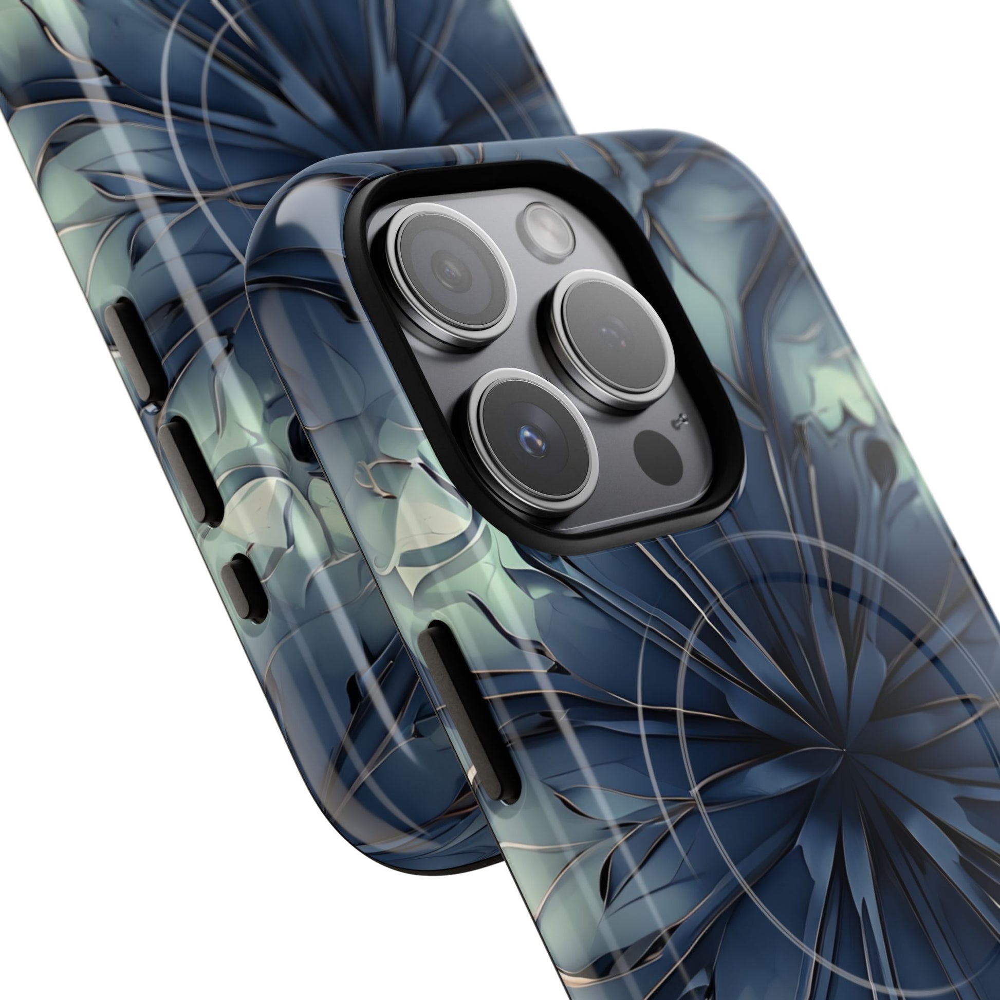 Indigo Mosaic - Artistic Kaleidoscope Collection Artistic Floral - iPhone 15 Pro MagSafe Phone Case -Bold Blue Symmetrical Design